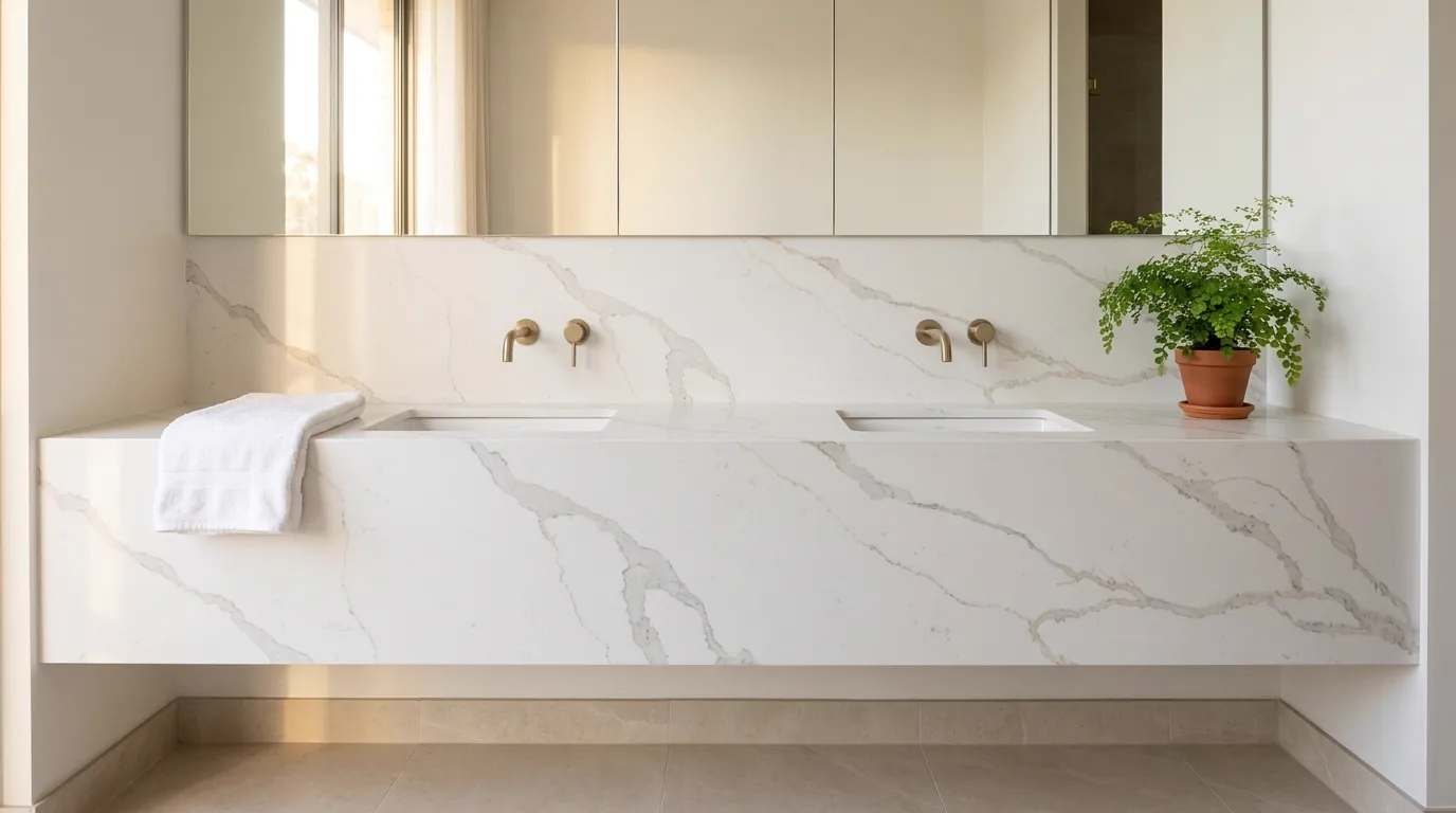 Calacatta Toscana double vanity countertop and backsplash in a modern bathroom
