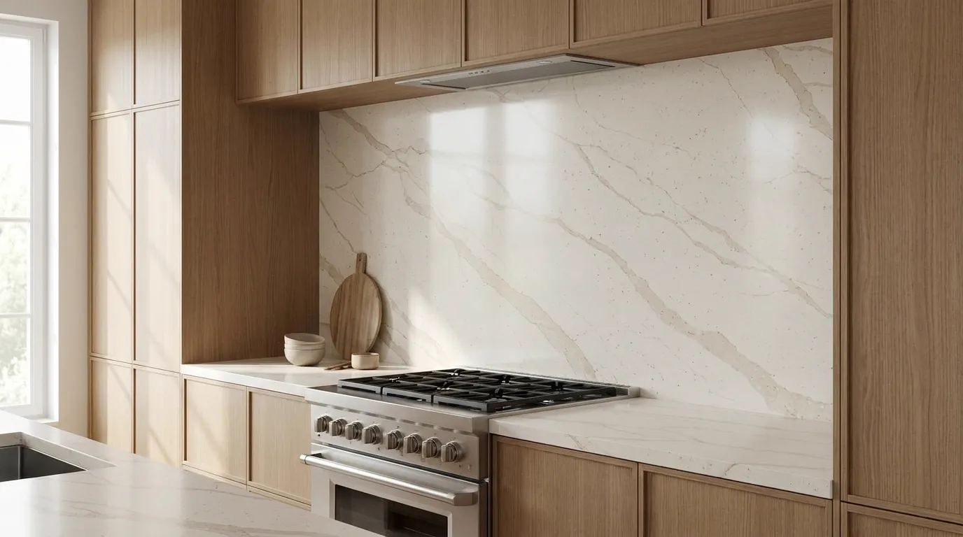 Calacatta Toscana full-height kitchen backsplash and matching countertop