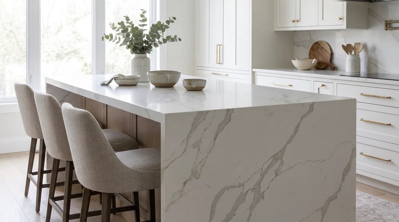 Calacatta Toscana waterfall-edge kitchen island with continuous veining