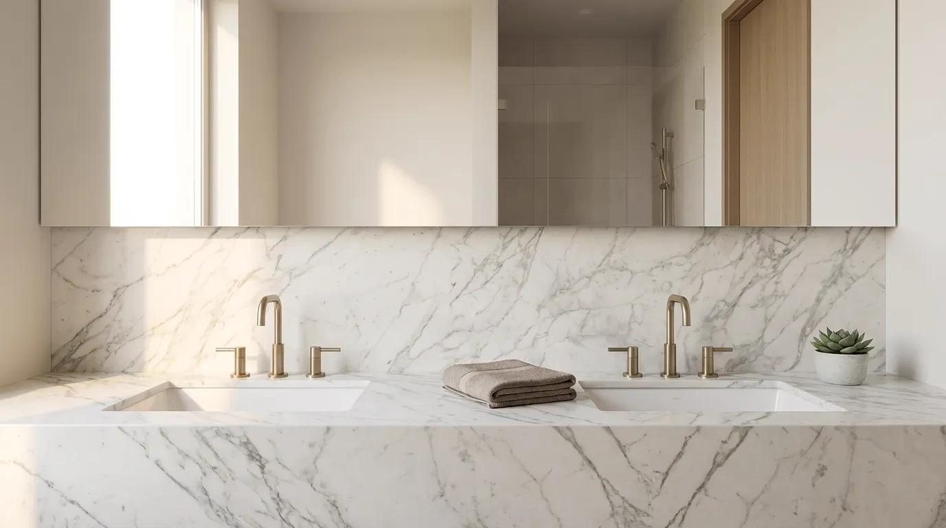 Calacatta Vagli double vanity countertop and backsplash in a modern bathroom