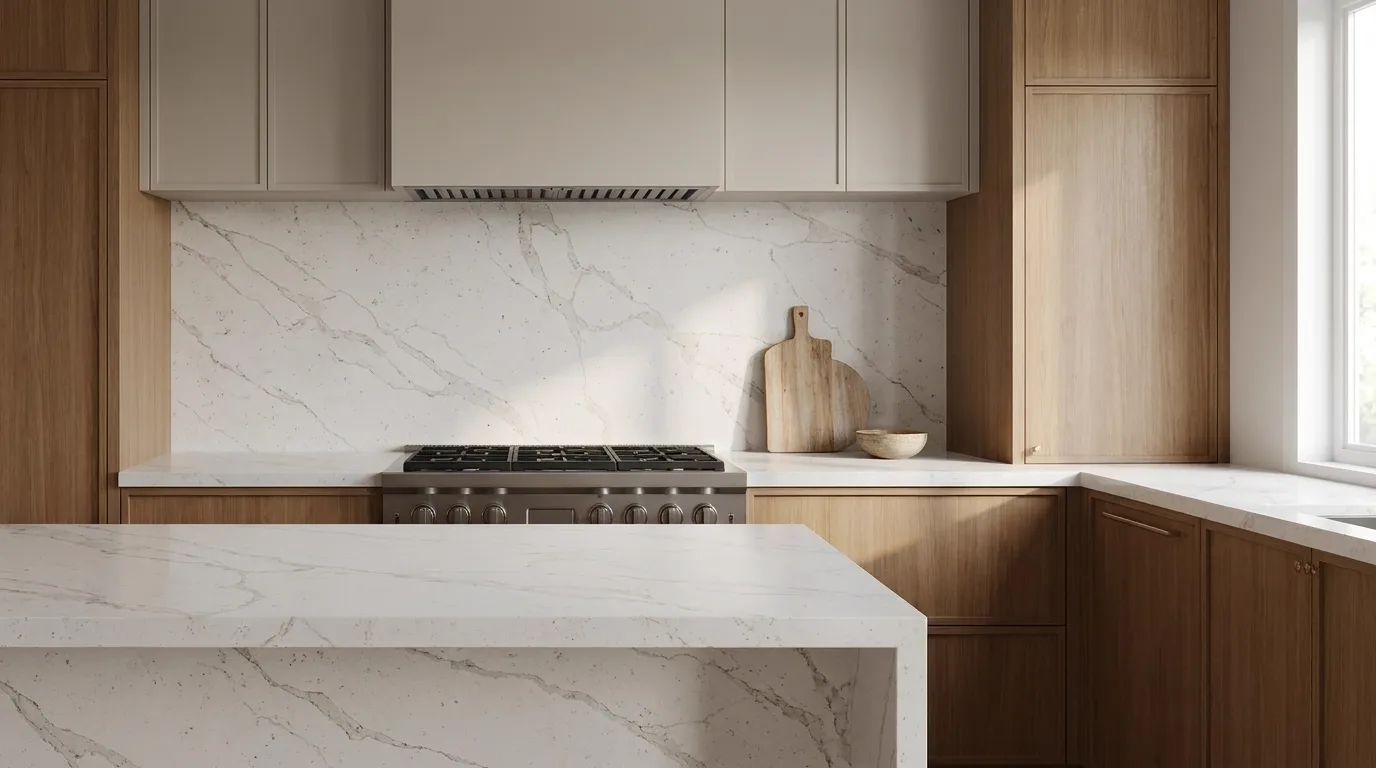 Calacatta Vagli full-height kitchen backsplash and matching countertop