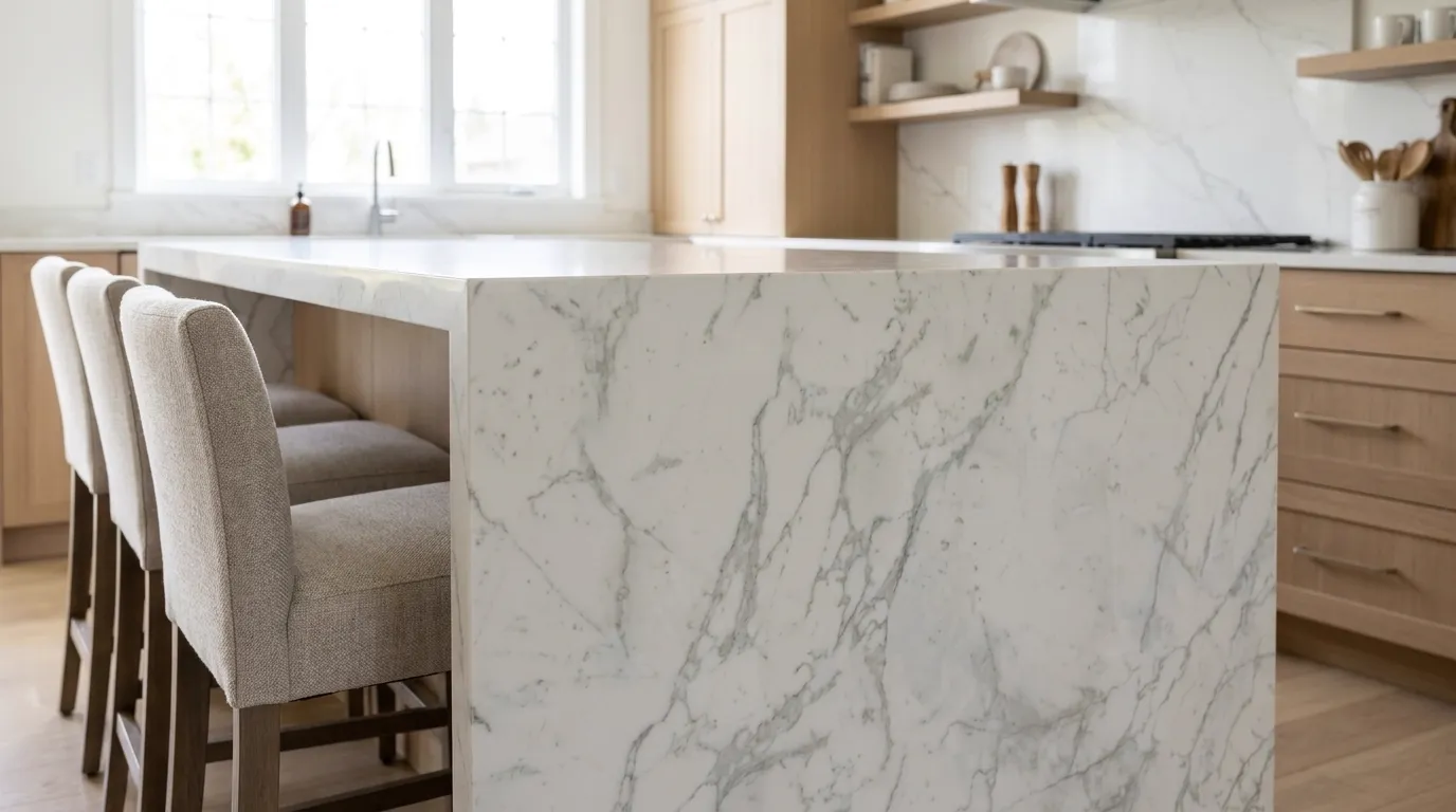 Calacatta Vagli waterfall-edge kitchen island with continuous veining