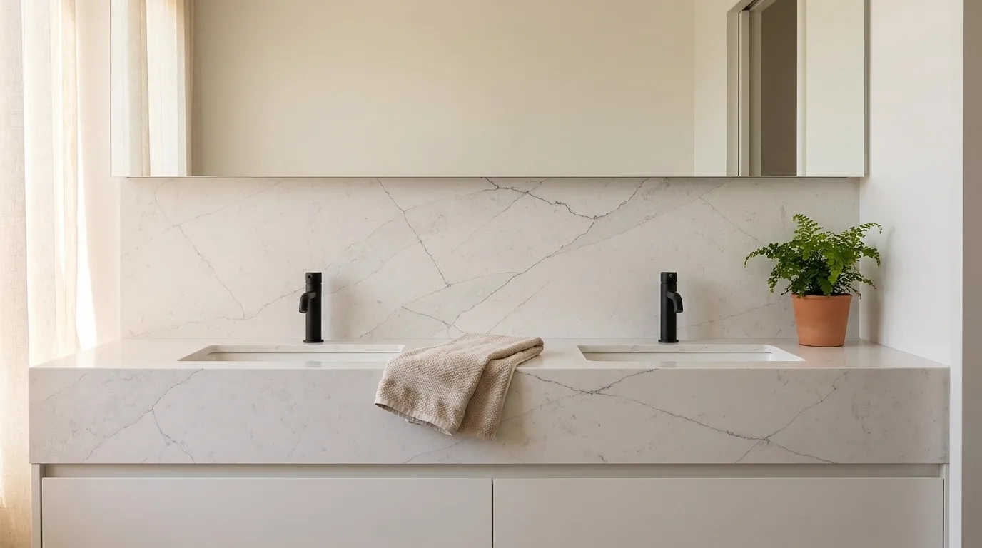 Calacatta Venatino Quartz Stone double vanity countertop and backsplash in a modern bathroom