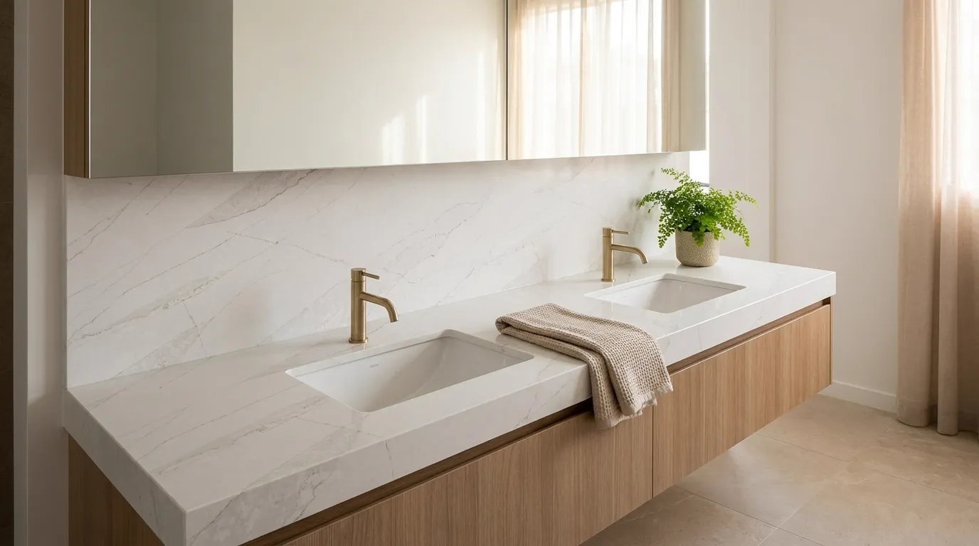 Calacatta Venatino Gold Quartz Stone double vanity countertop and backsplash in a modern bathroom
