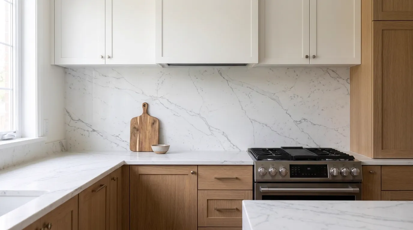 Calacatta Venatino Gold Quartz Stone full-height kitchen backsplash and matching countertop