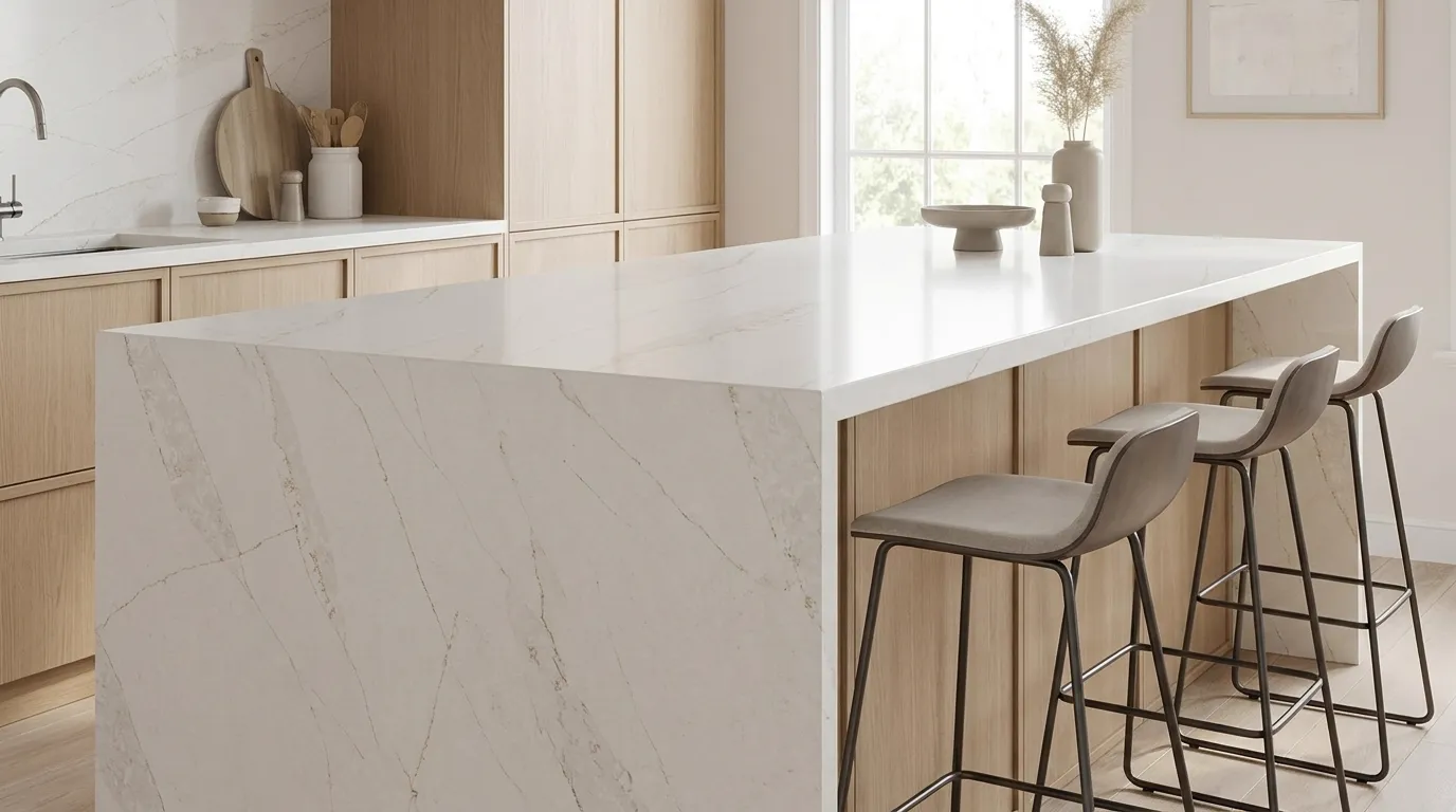 Calacatta Venatino Gold Quartz Stone waterfall-edge kitchen island with continuous veining