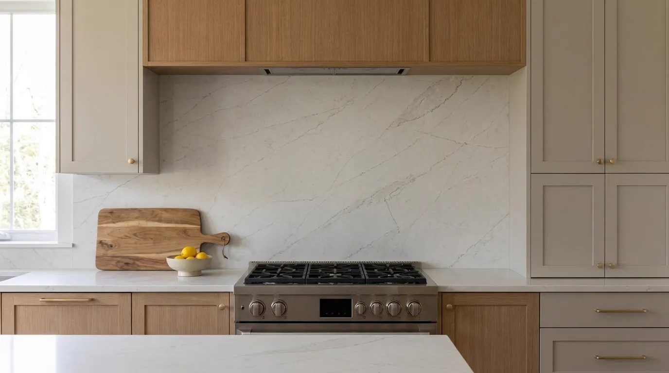 Calacatta Venatino Quartz Stone full-height kitchen backsplash and matching countertop