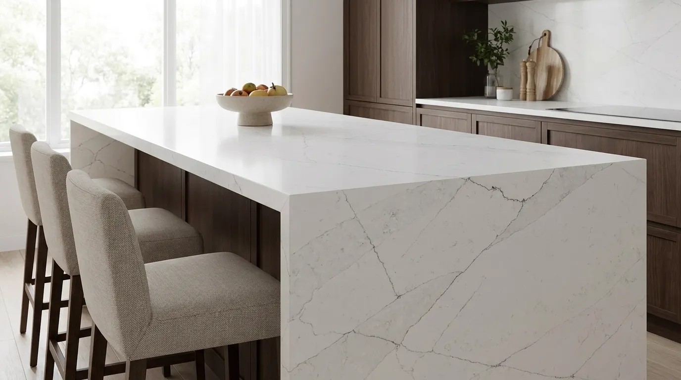 Calacatta Venatino Quartz Stone waterfall-edge kitchen island with continuous veining