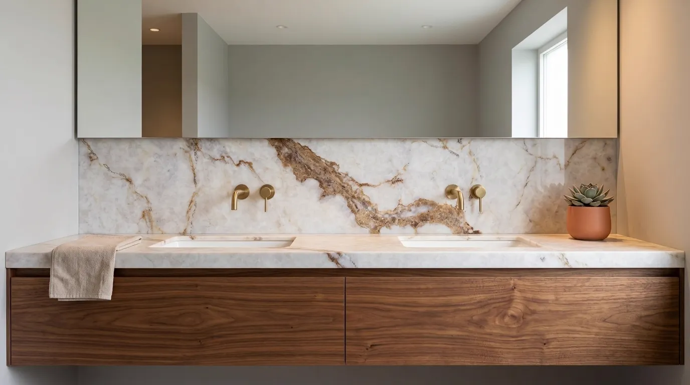 Calacatta Viola HD Quartz Stone double vanity countertop and backsplash in a modern bathroom
