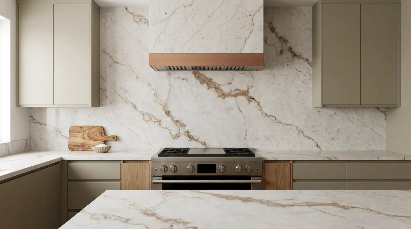 Calacatta Viola HD Quartz Stone full-height kitchen backsplash and matching countertop