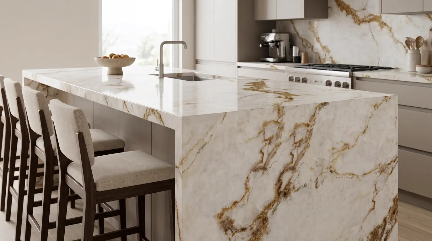 Calacatta Viola HD Quartz Stone waterfall-edge kitchen island with continuous veining