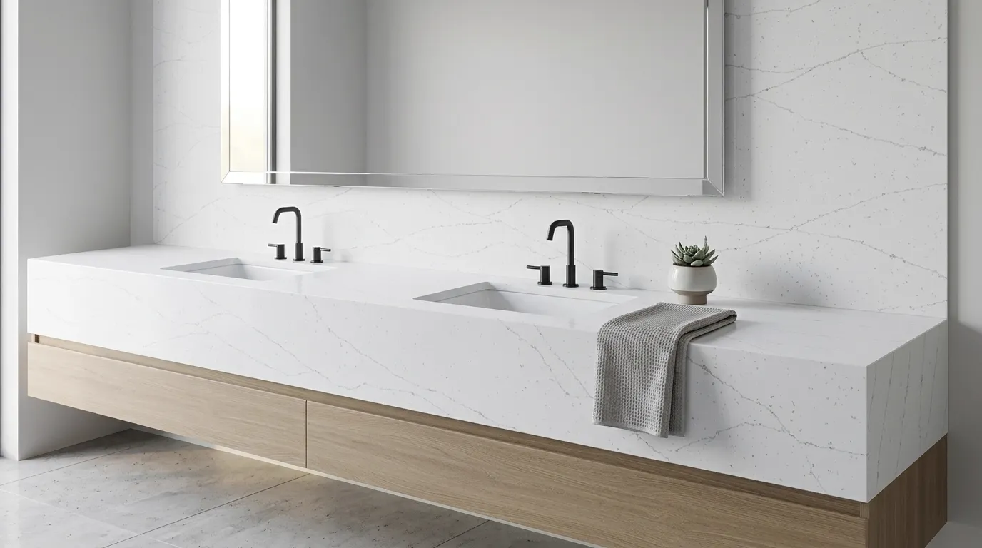 Calacatta Whisper double vanity countertop and backsplash in a modern bathroom