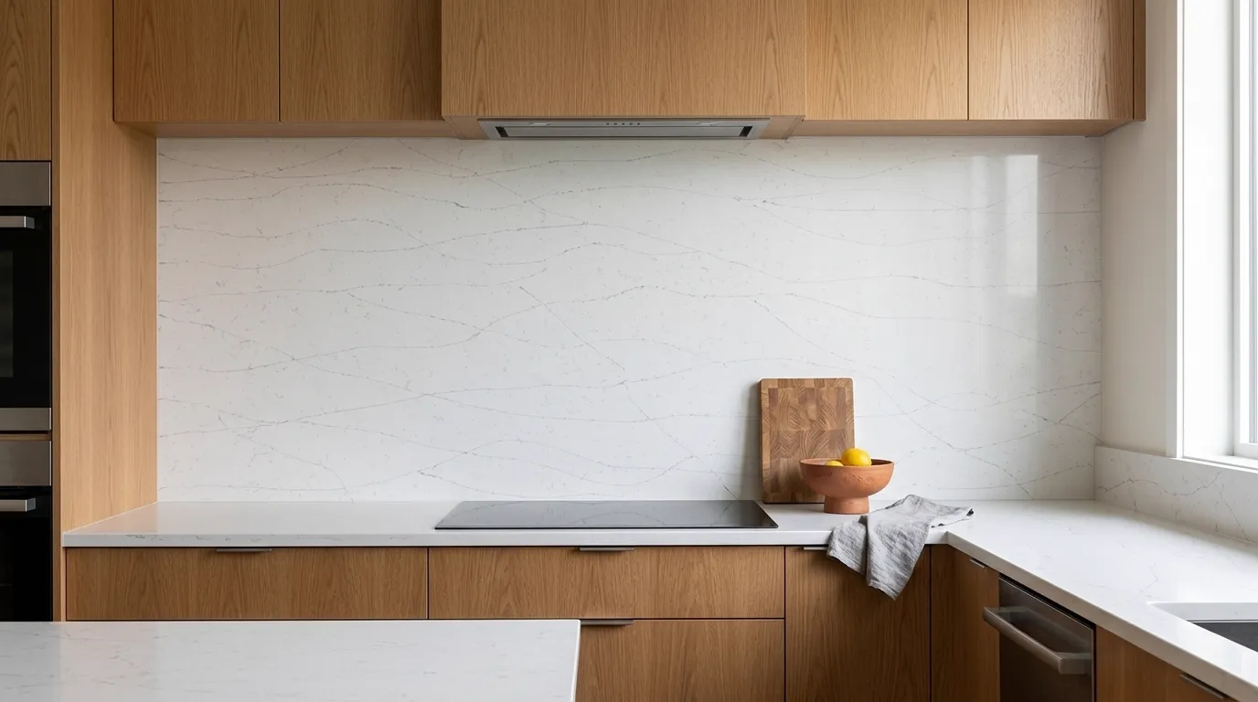 Calacatta Whisper full-height kitchen backsplash and matching countertop