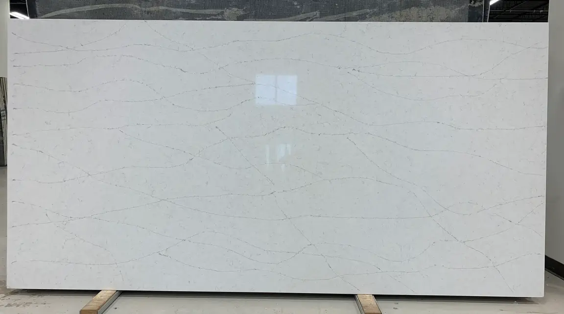 Calacatta Whisper engineered quartz slab, veining detail, StoneX USA slab gallery near Milwaukee