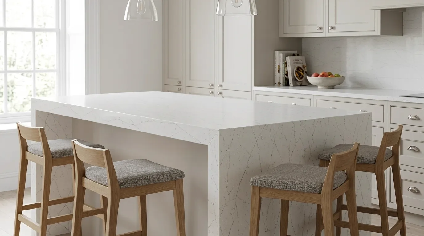 Calacatta Whisper waterfall-edge kitchen island with continuous veining