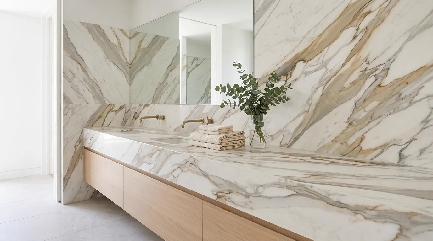 Calacutta Royale double vanity countertop and backsplash in a modern bathroom