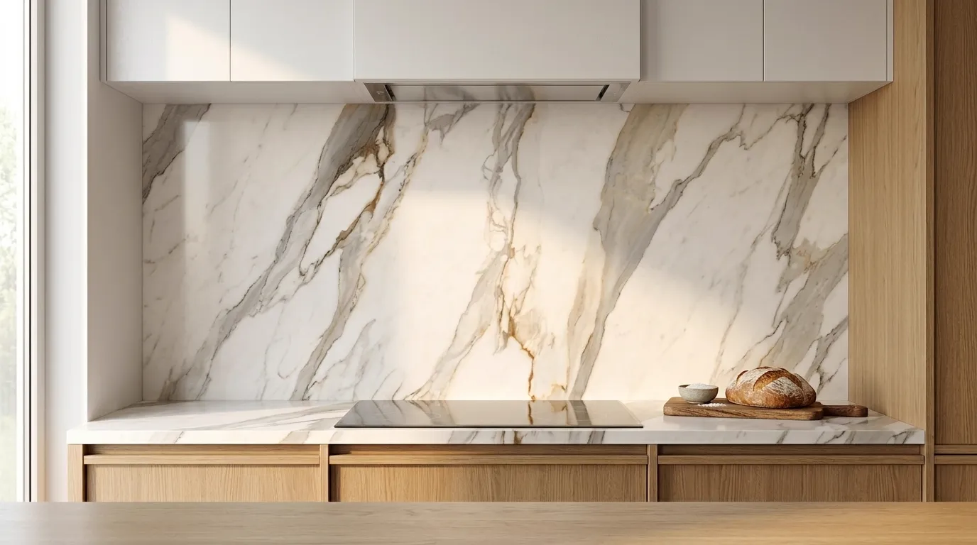 Calacutta Royale full-height kitchen backsplash and matching countertop