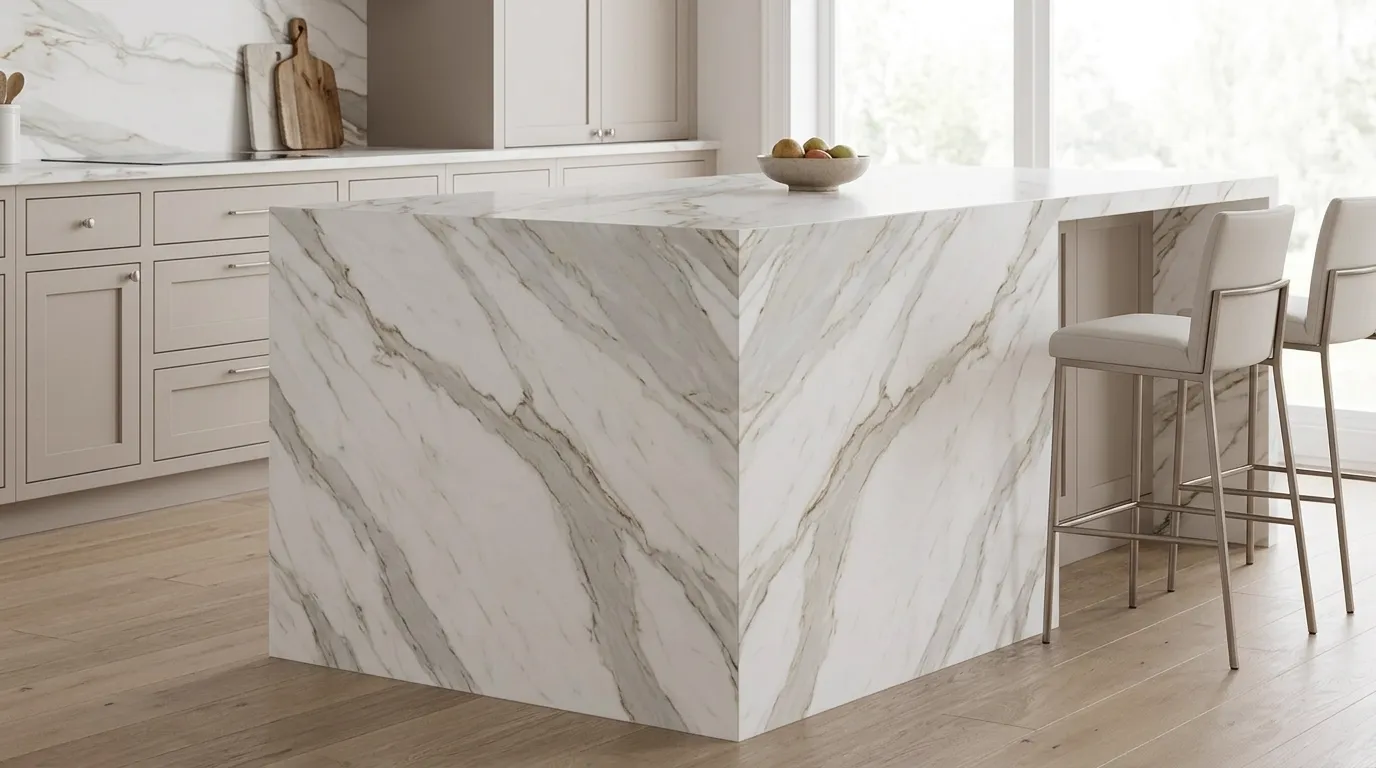 Calacutta Royale waterfall-edge kitchen island with continuous veining