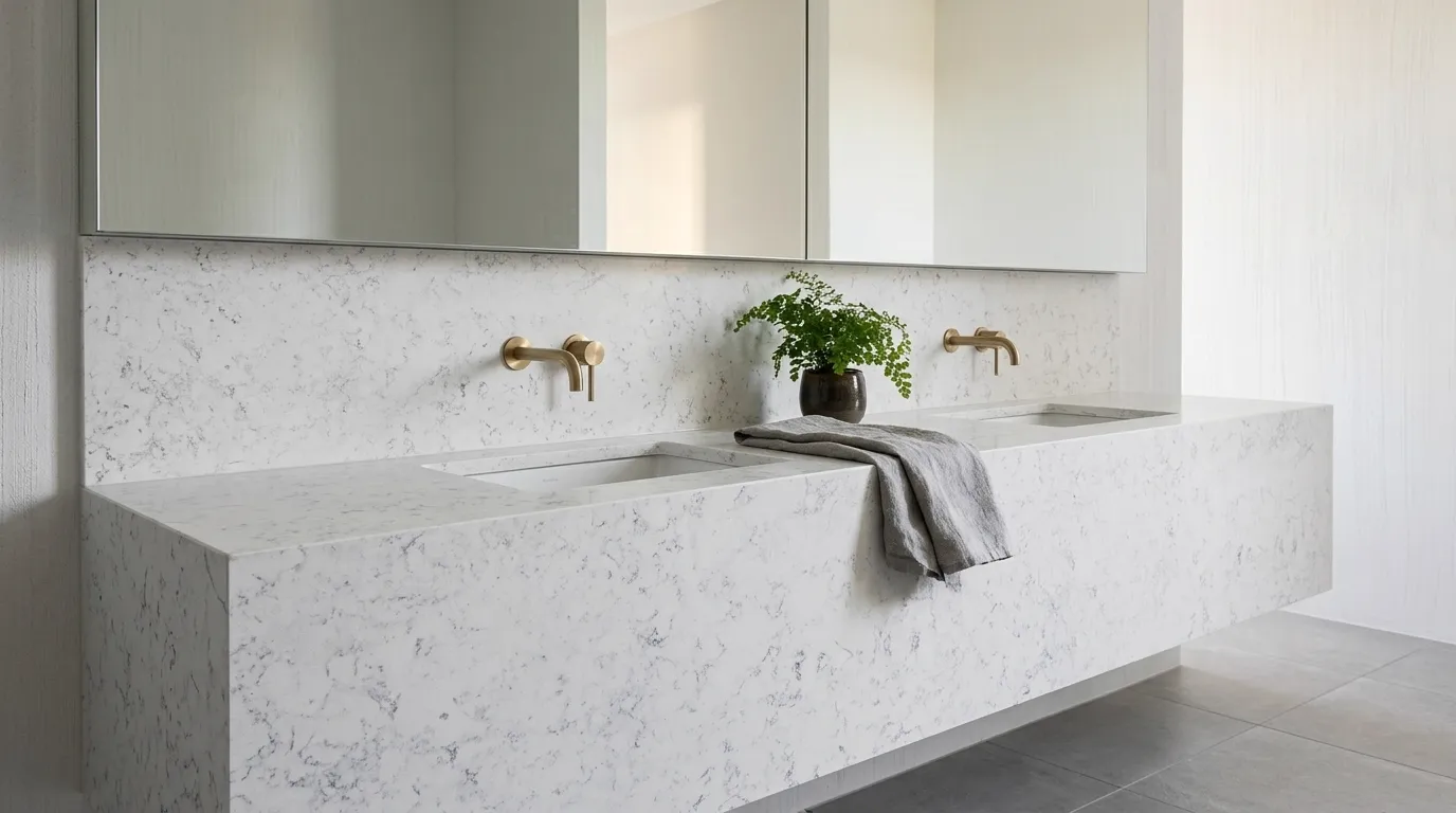 Carrara Massa double vanity countertop and backsplash in a modern bathroom