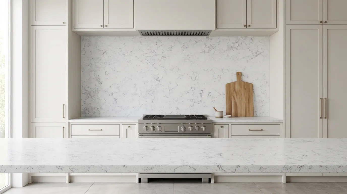 Carrara Massa full-height kitchen backsplash and matching countertop