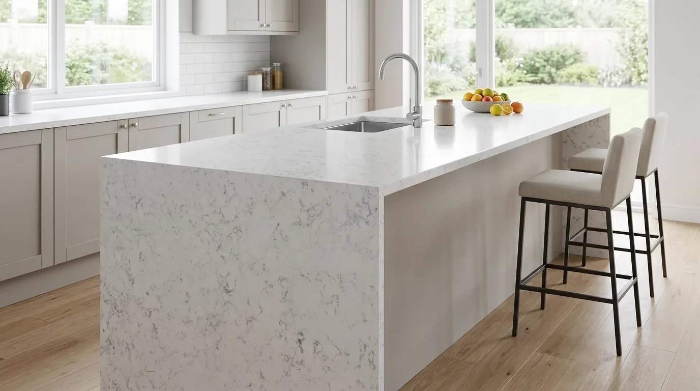 Carrara Massa waterfall-edge kitchen island with continuous veining