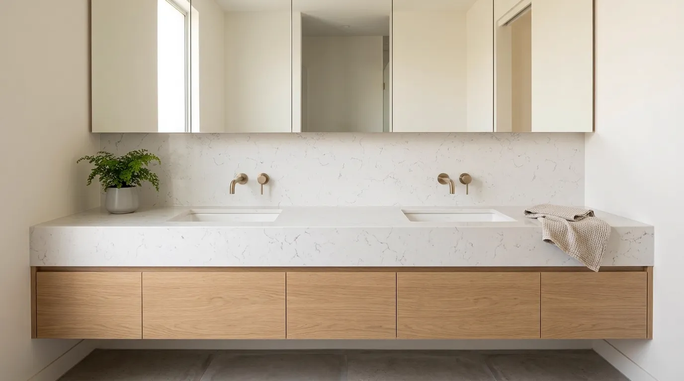 Carrara Nuova Quartz Stone double vanity countertop and backsplash in a modern bathroom