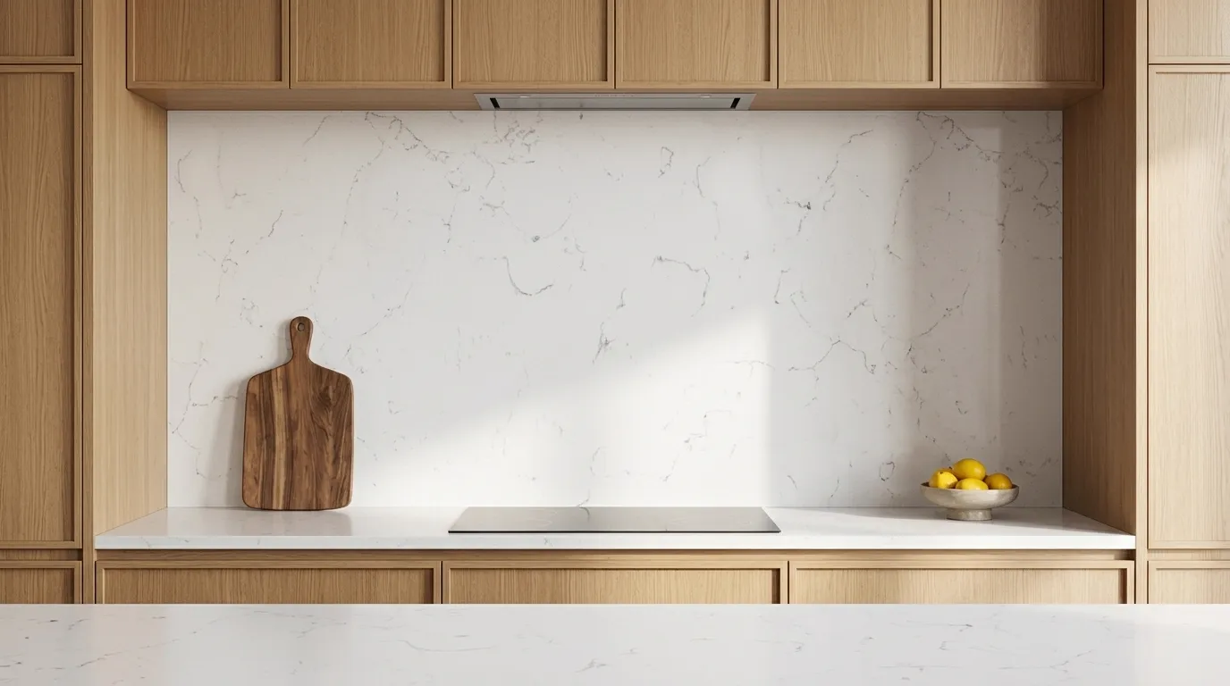 Carrara Nuova Quartz Stone full-height kitchen backsplash and matching countertop