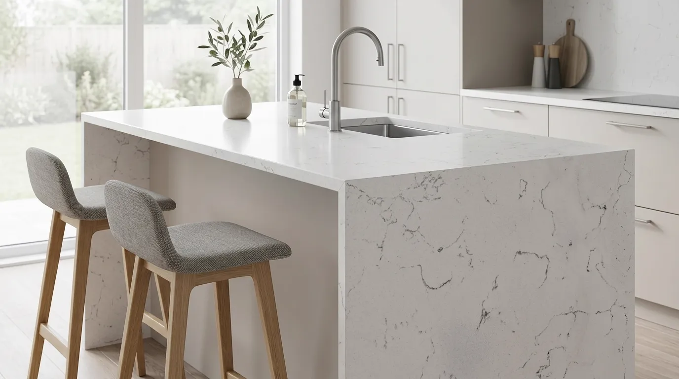 Carrara Nuova Quartz Stone waterfall-edge kitchen island with continuous veining