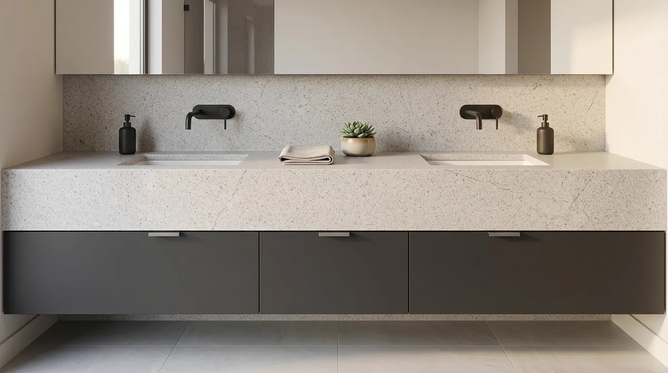 Cashmere White double vanity countertop and backsplash in a modern bathroom