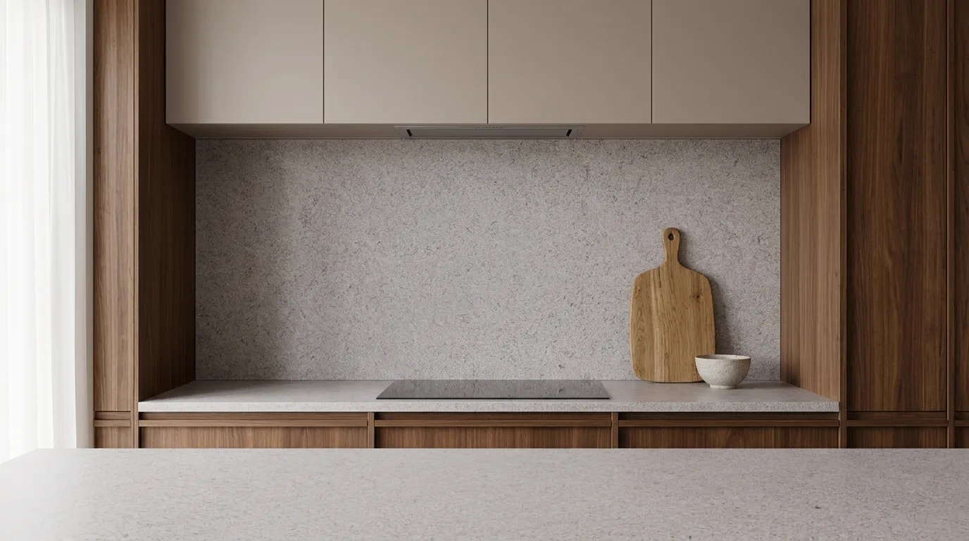 Cashmere White full-height kitchen backsplash and matching countertop