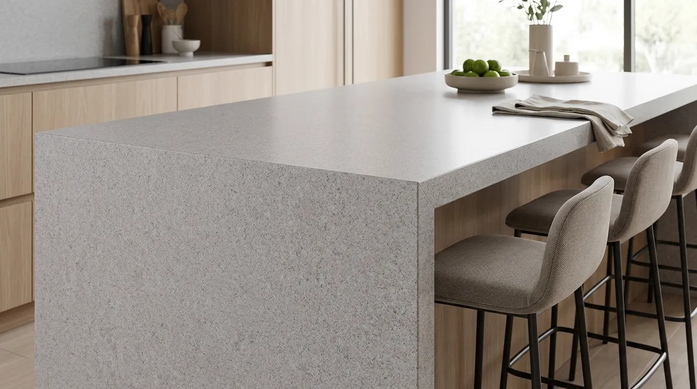 Cashmere White waterfall-edge kitchen island with continuous veining