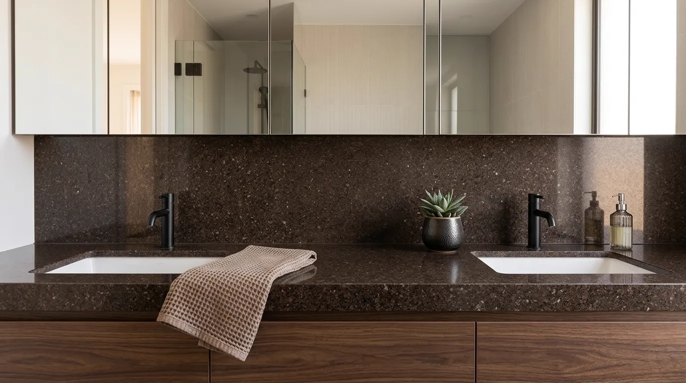 Coffee Brown double vanity countertop and backsplash in a modern bathroom