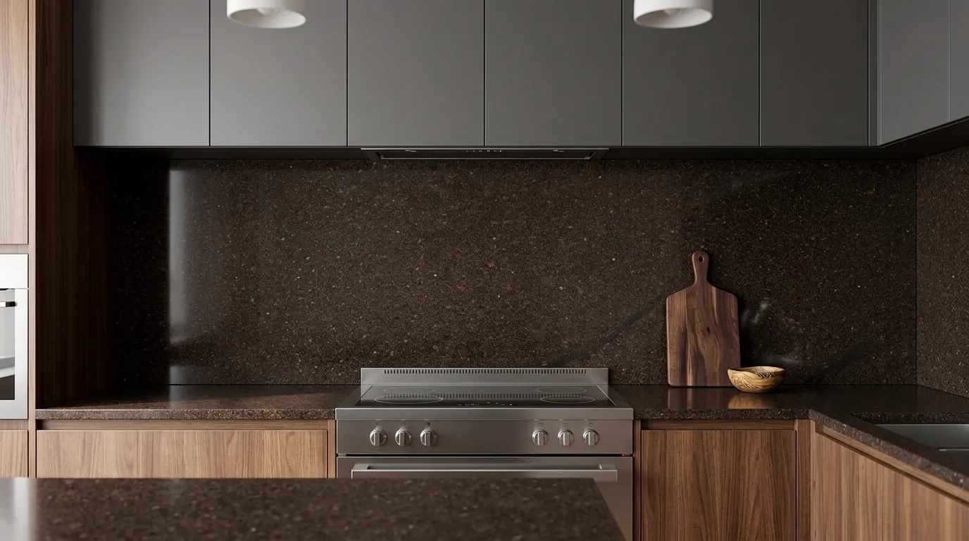 Coffee Brown full-height kitchen backsplash and matching countertop