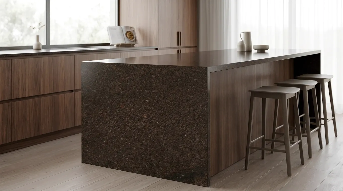 Coffee Brown waterfall-edge kitchen island with continuous veining