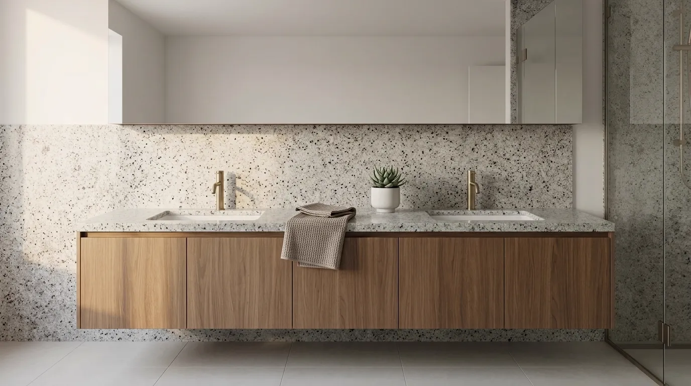 Colonial White double vanity countertop and backsplash in a modern bathroom