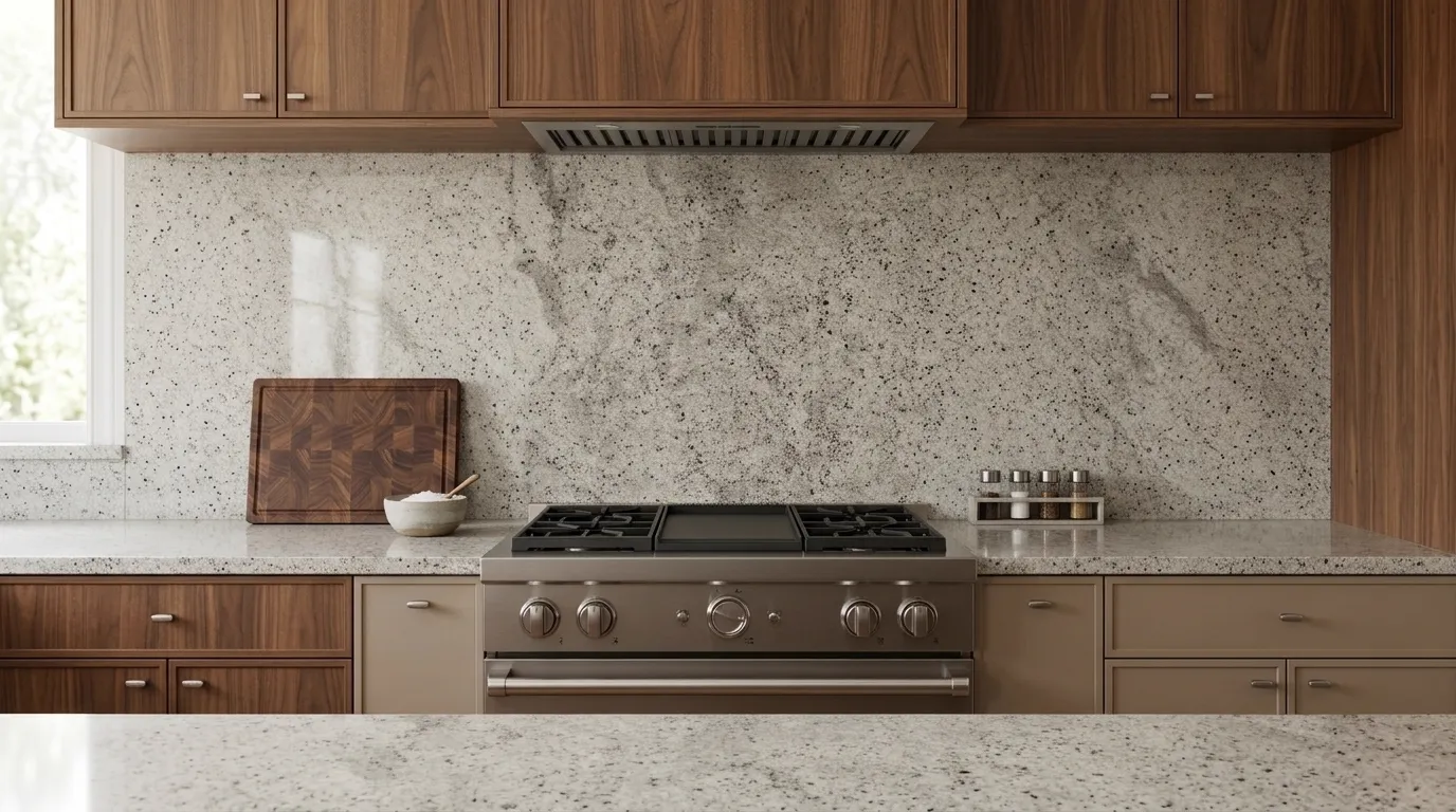 Colonial White full-height kitchen backsplash and matching countertop