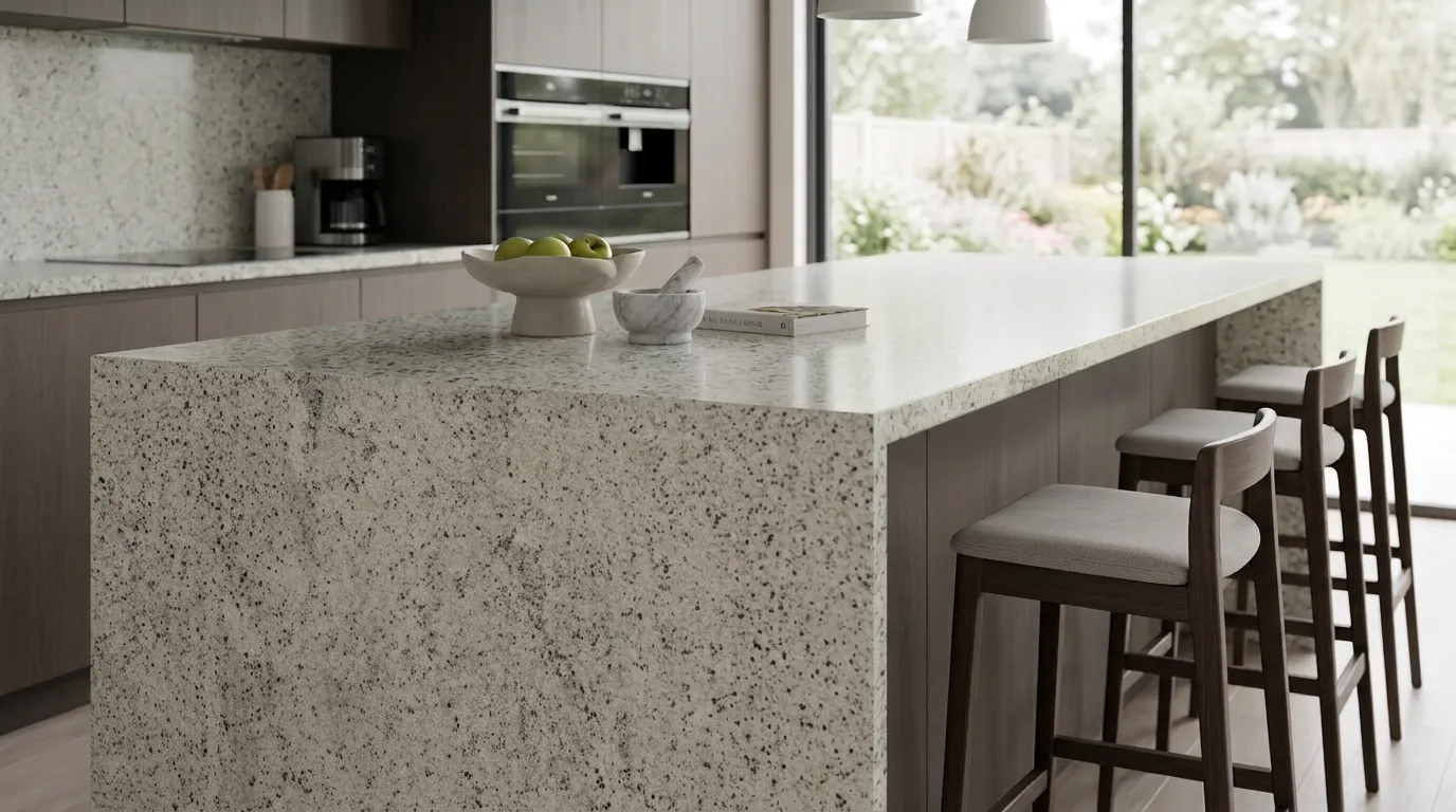 Colonial White waterfall-edge kitchen island with continuous veining