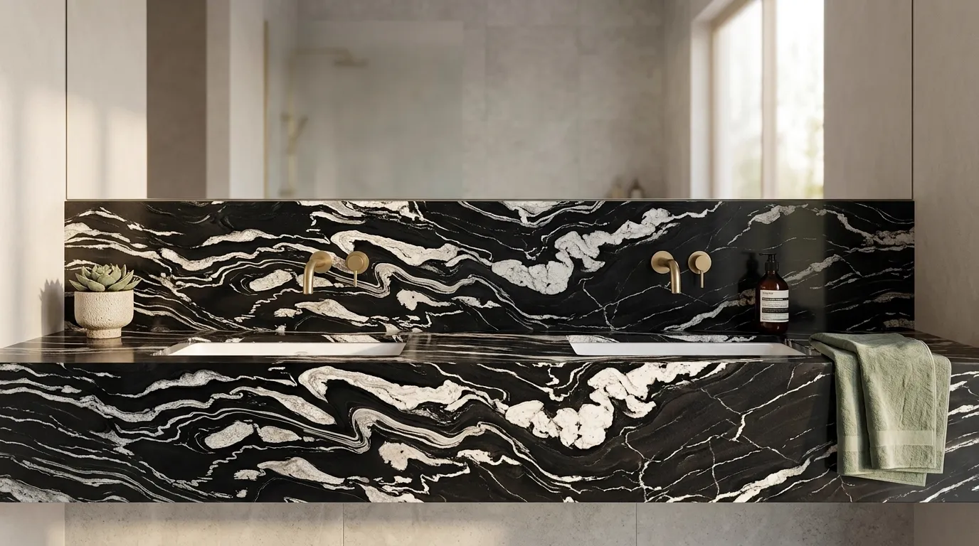 Copacabana double vanity countertop and backsplash in a modern bathroom
