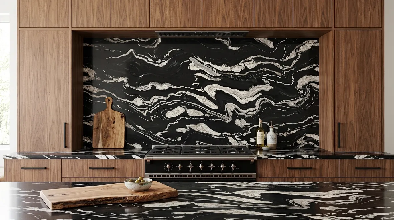 Copacabana quartzite kitchen countertop with continuous veining