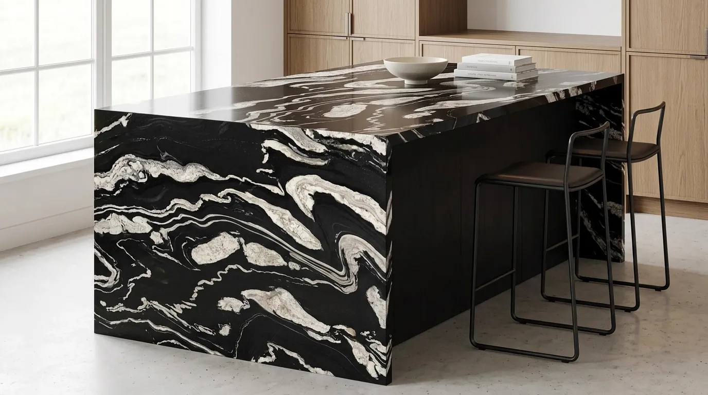 Copacabana waterfall-edge kitchen island with continuous veining