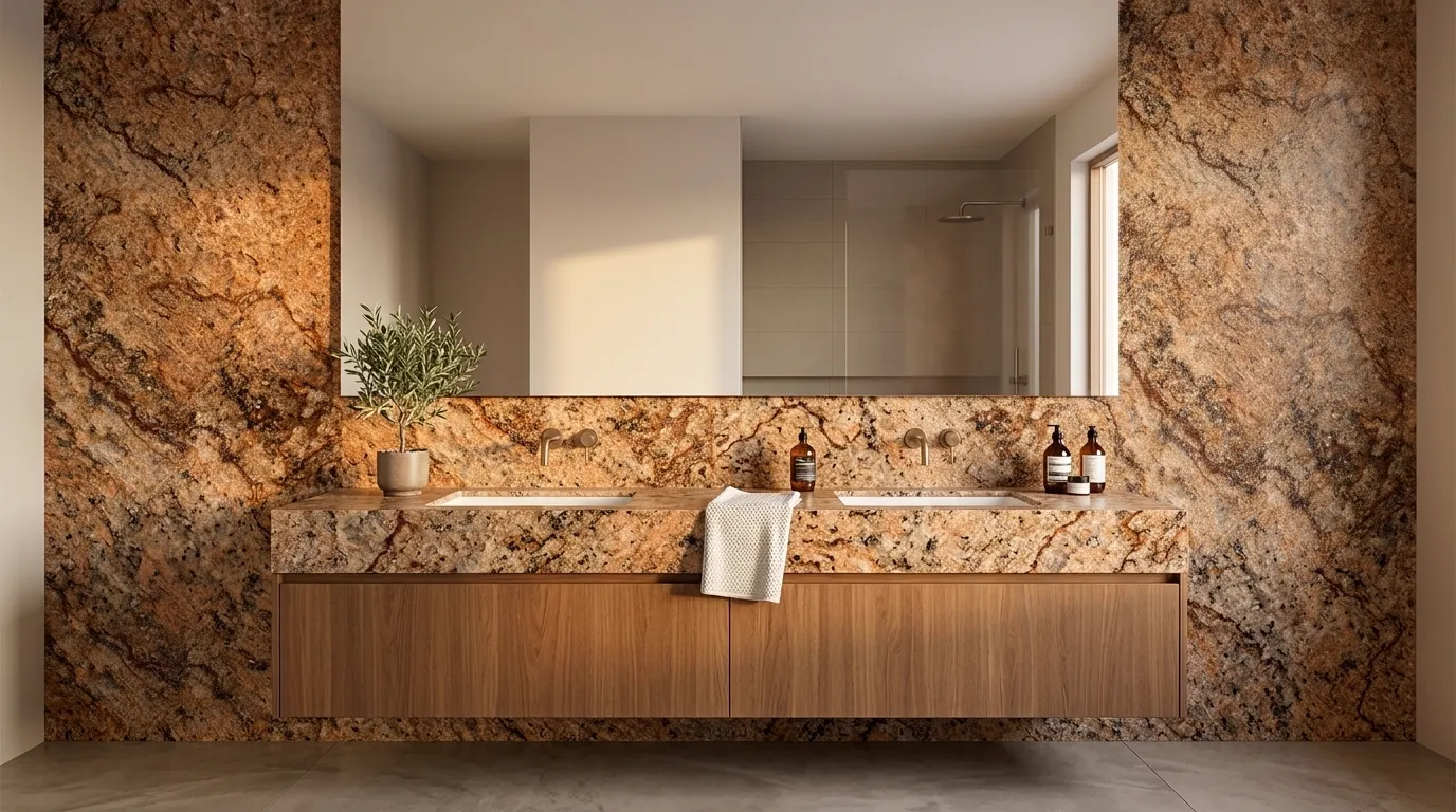Copper Canyon double vanity countertop and backsplash in a modern bathroom