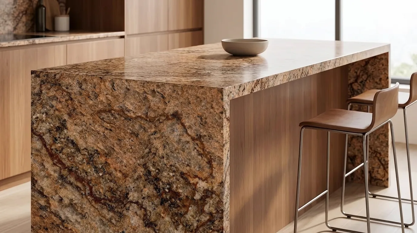 Copper Canyon waterfall-edge kitchen island with continuous veining