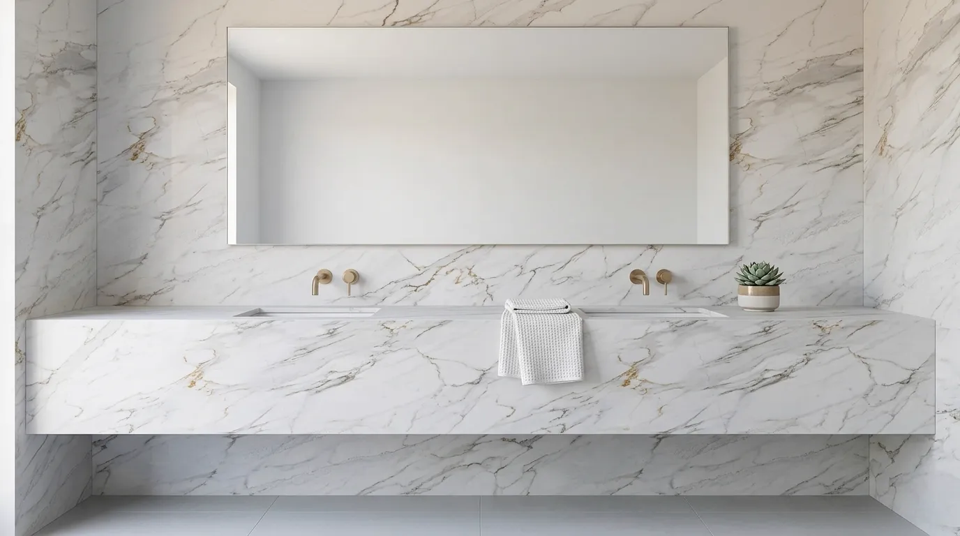 CORAL HD Quartz Stone double vanity countertop and backsplash in a modern bathroom