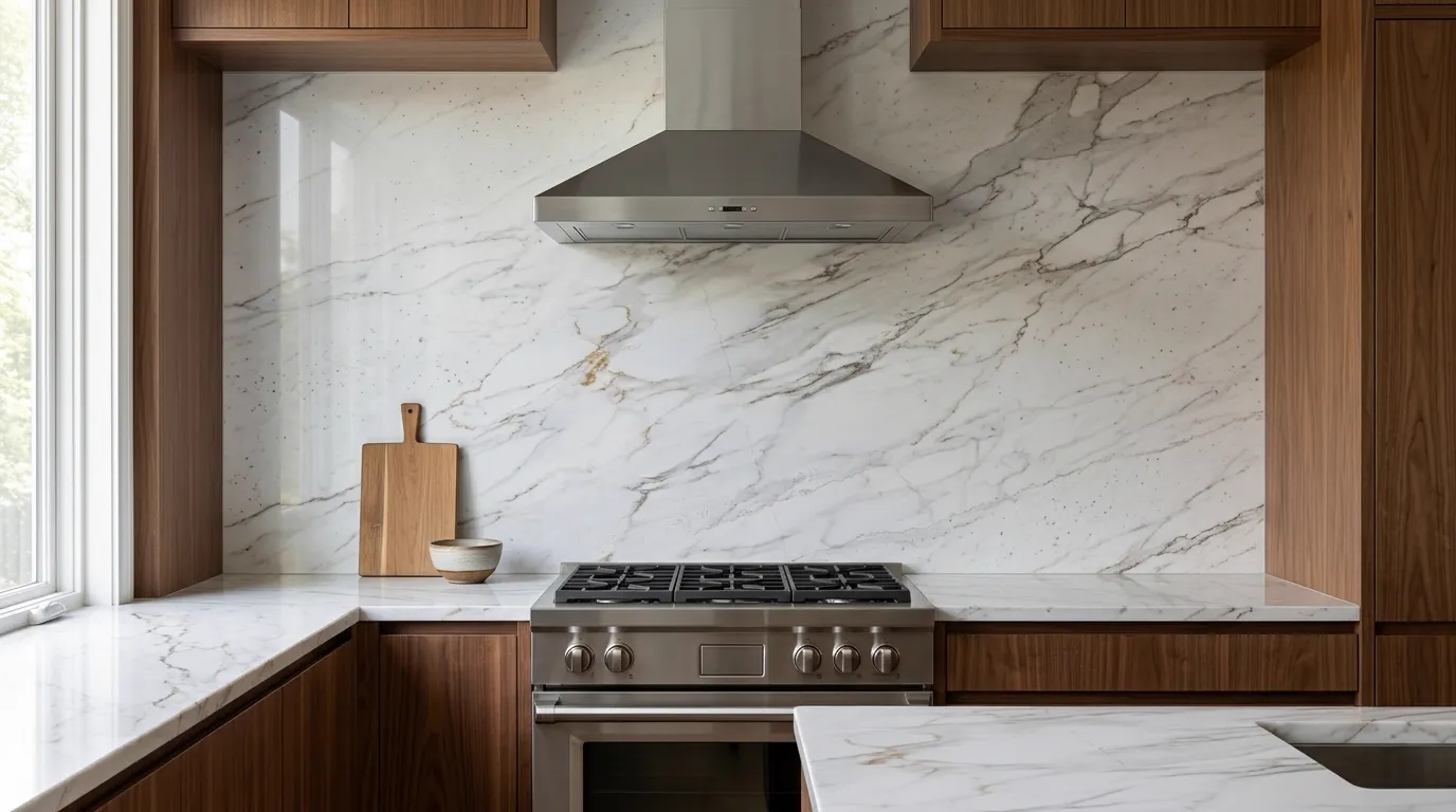 CORAL HD Quartz Stone full-height kitchen backsplash and matching countertop