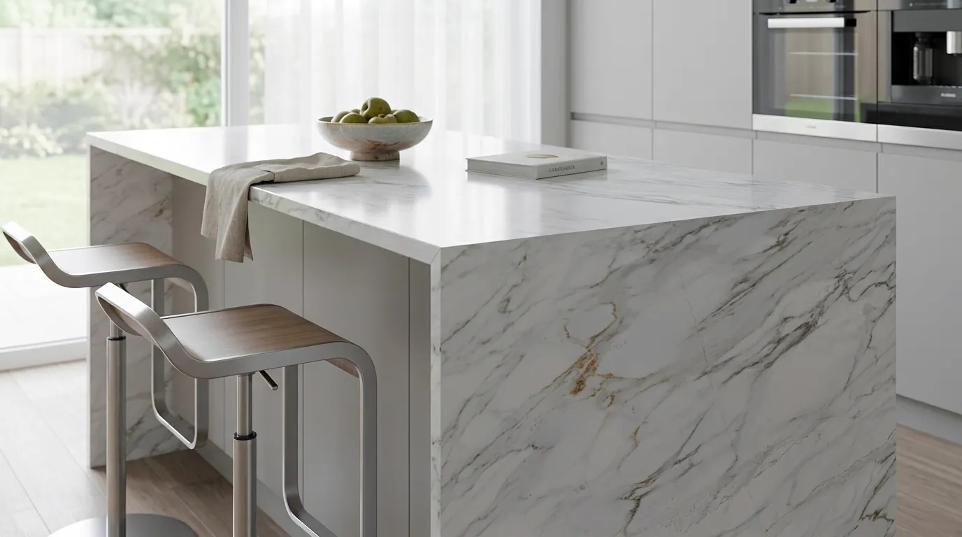 CORAL HD Quartz Stone waterfall-edge kitchen island with continuous veining