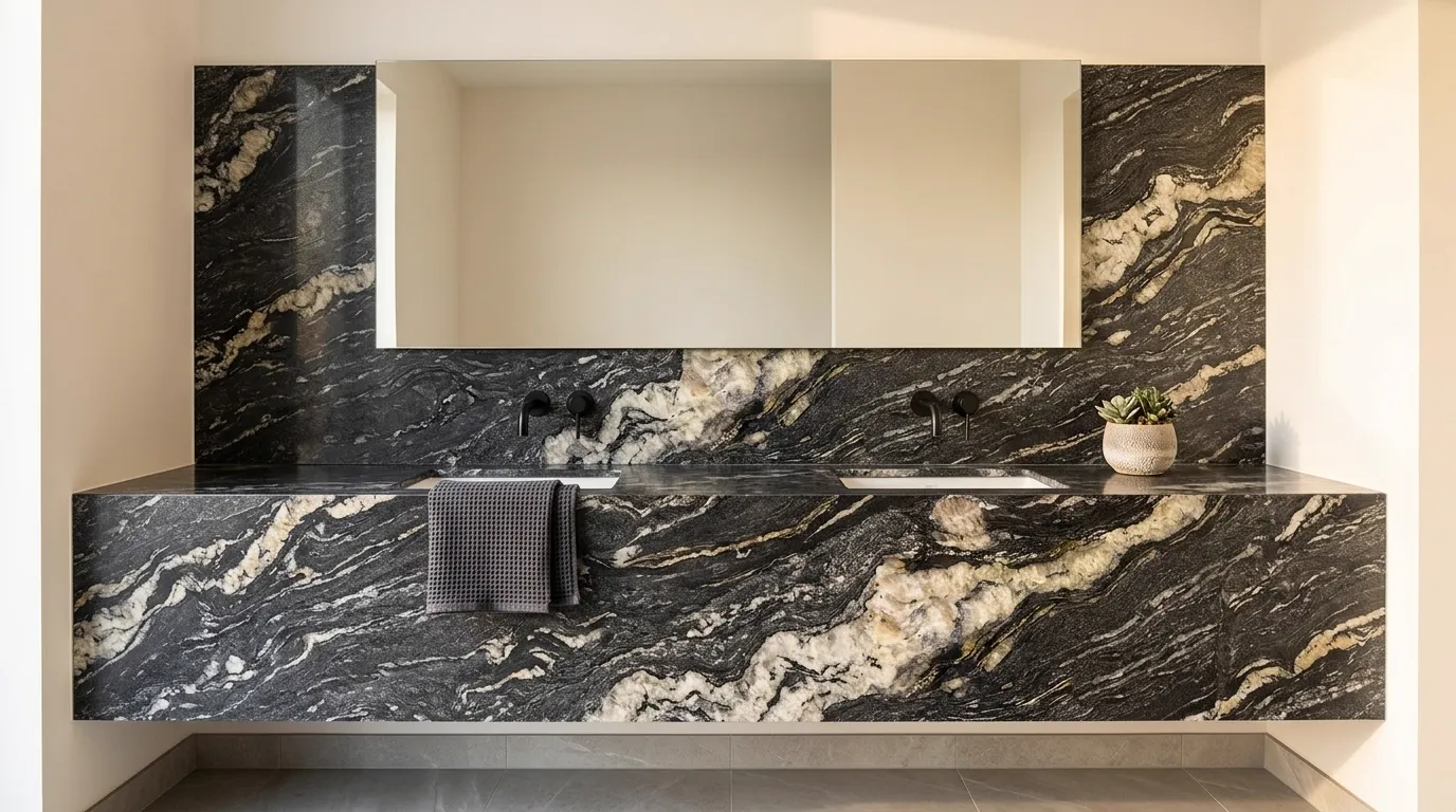 Cosmic Black double vanity countertop and backsplash in a modern bathroom