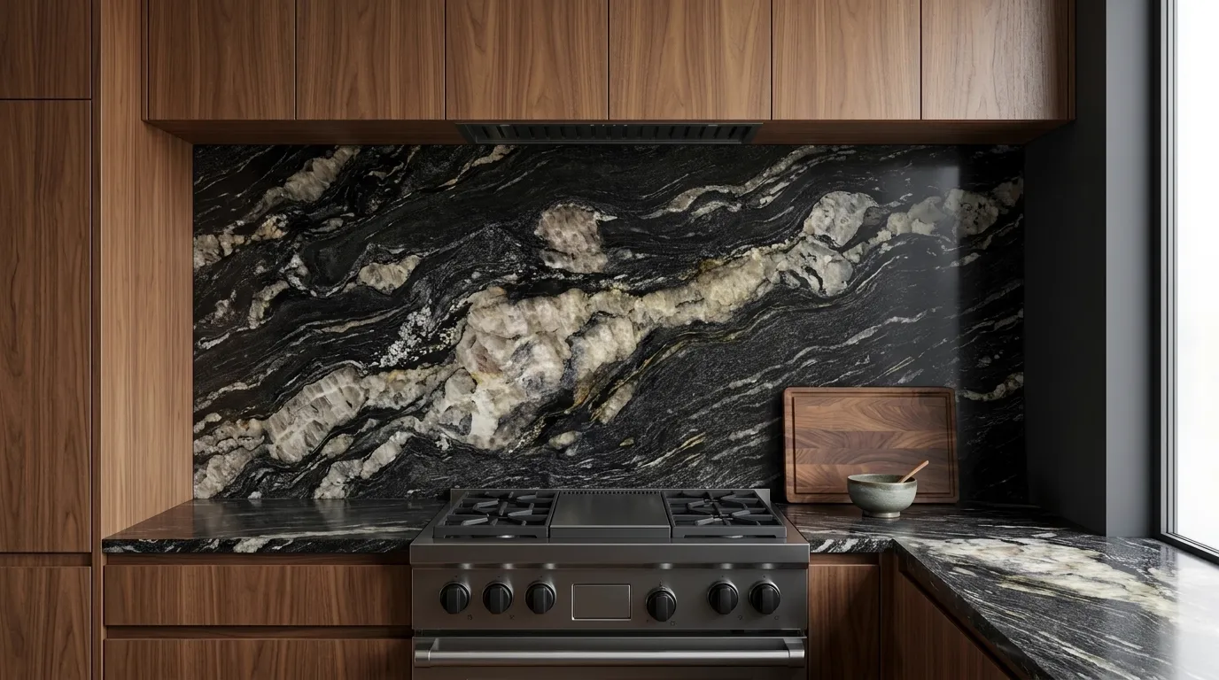 Cosmic Black full-height kitchen backsplash and matching countertop