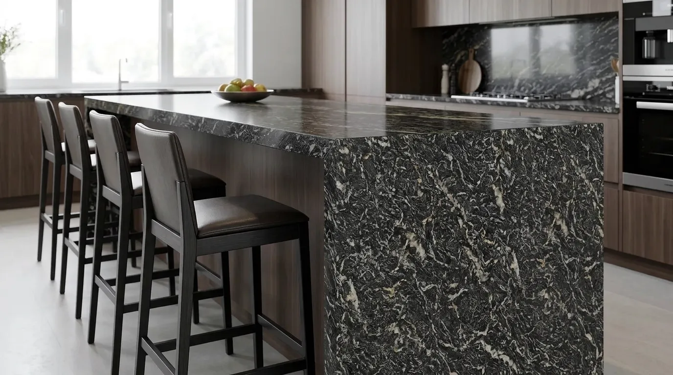 Cosmic Black waterfall-edge kitchen island with continuous veining