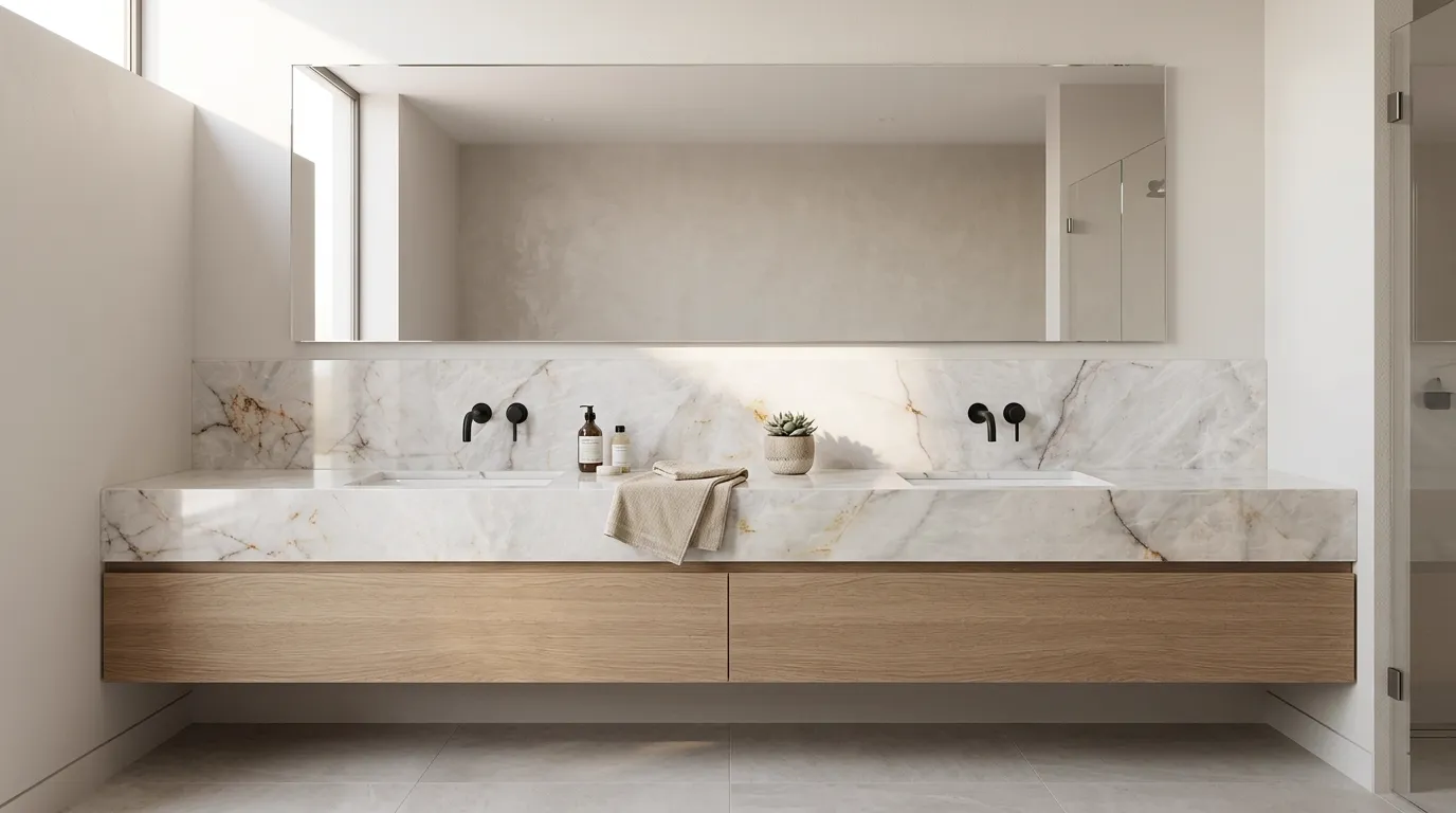 Cristallo Angelus Polished Quartzite double vanity countertop and backsplash in a modern bathroom