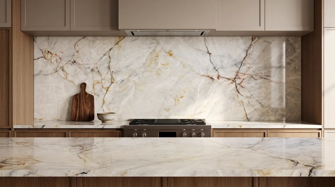 Cristallo Angelus Polished Quartzite full-height kitchen backsplash and matching countertop